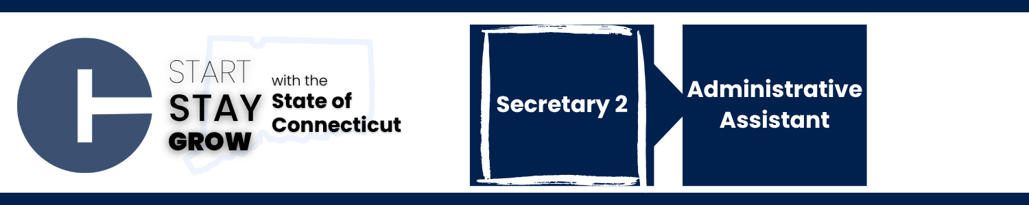 This image shows a career progression pathway within the State of Connecticut: starting with Secretary 2 (highlighted to indicate the current opening) and ending with Administrative Assistant.